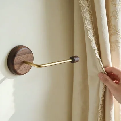 

Minimalist Wood & Brass Curtain Tieback, Wall-mounted Holder for Living Room & Bedroom Curtains, for All Home Decor Styles