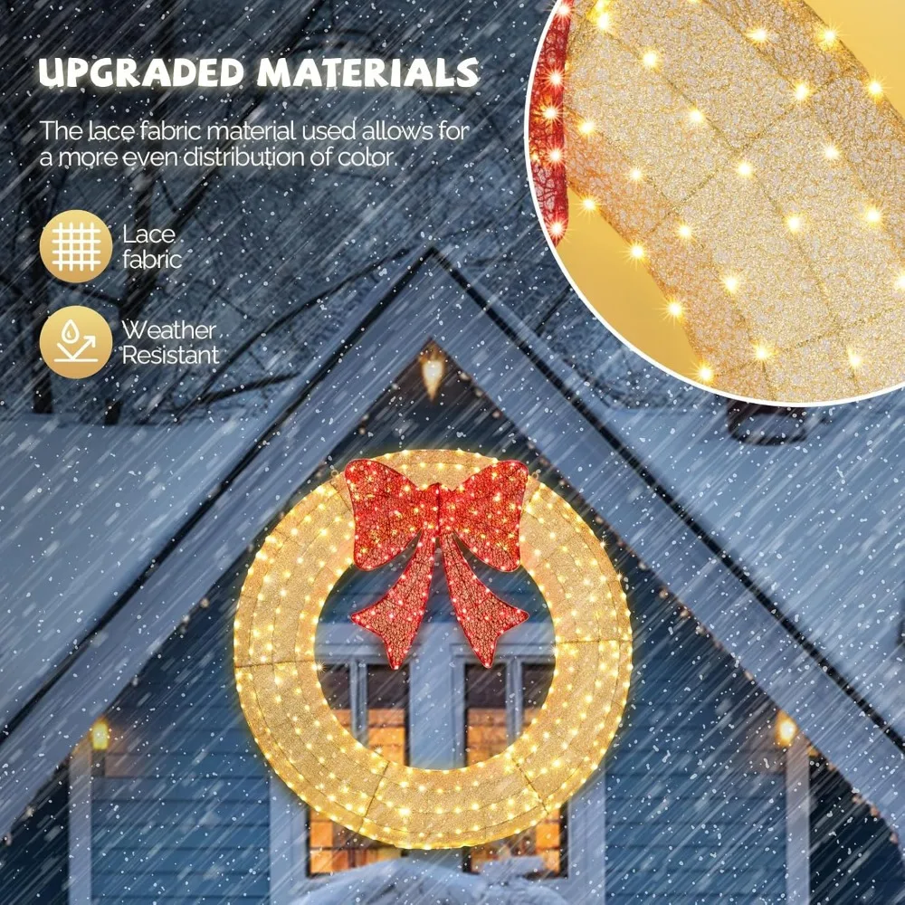 60 Inch Large Outdoor Christmas Wreath with 400 LED Lights, Pre-lit for Garage, Gold Decorative Wreath for Festive Season