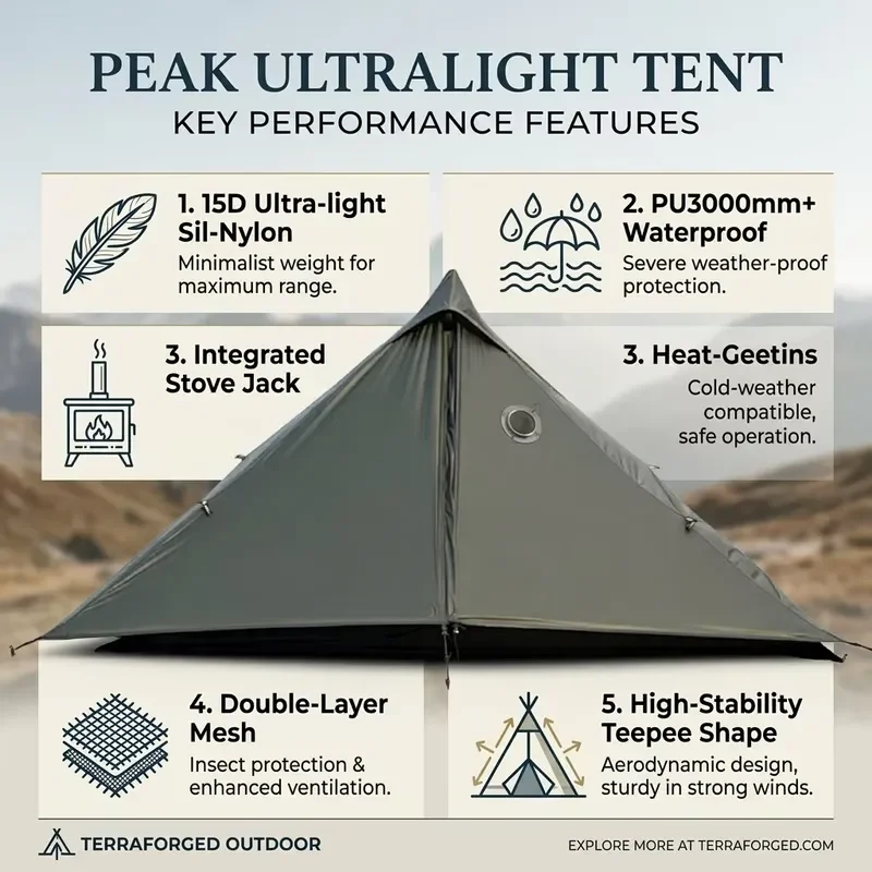4 Season Ultralight Pyramid Tent 15D Silicone Nylon Winter Camping Hot Tent with Stove Jack Conical Backpacking Shelter for
