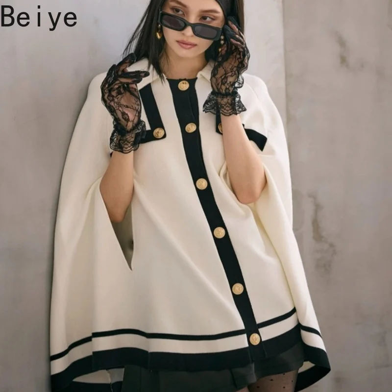 Women Elegant Cape Coat Lapel Contrast Color Loose Poncho Jacket Female Autumn Winter Fashion Oversized Cloak Outerwear