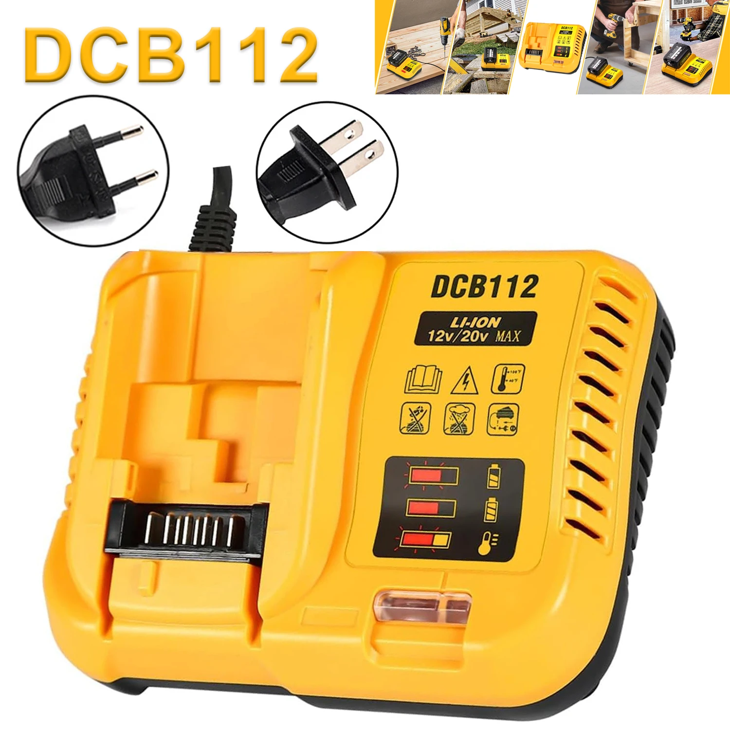 

Зарядное устройство DCB112 (аналог) для аккумуляторов Dewalt 12В/20В, совместимое с аккумуляторами Dewalt 12В/20В Max, желтое, вилка EU/US