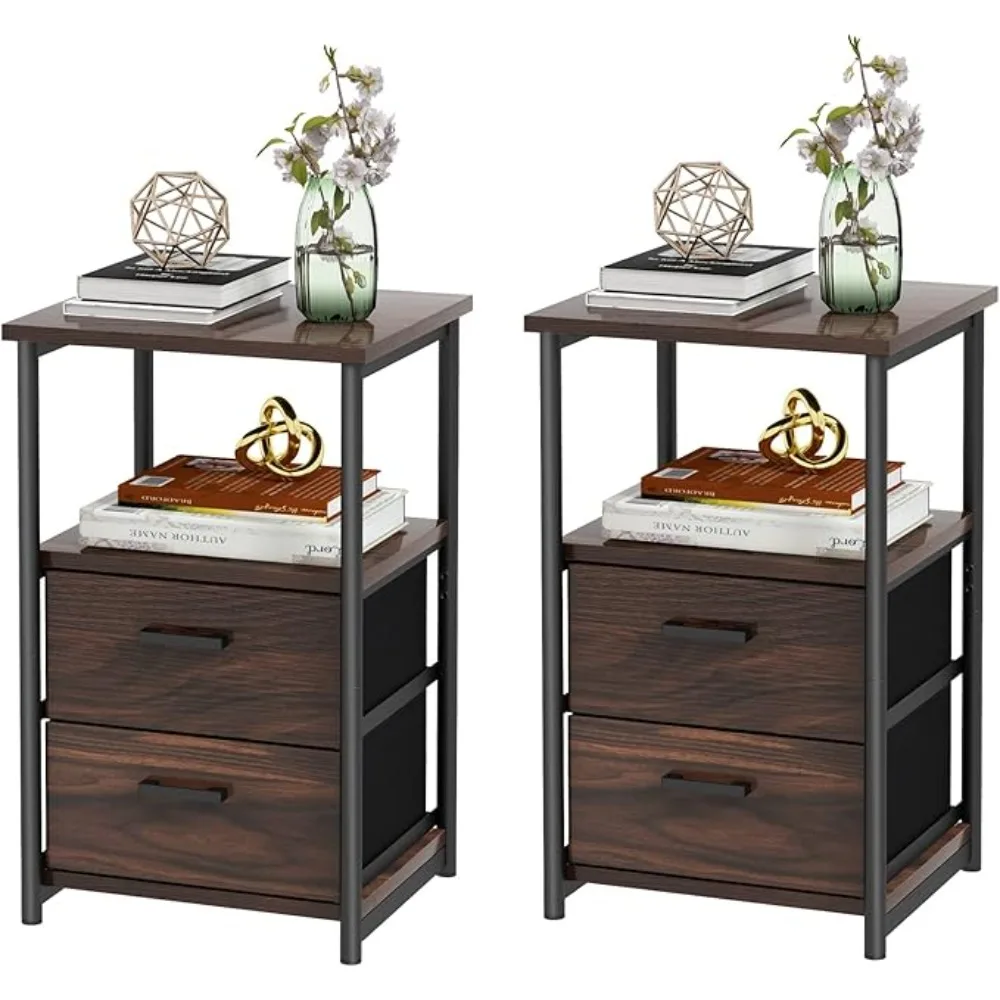 Nightstand Set of 2, 3-Tier Bedside Sofa Side Table with 2 Fabric Drawers and Open Shelf, Industrial End Table for Bedroom