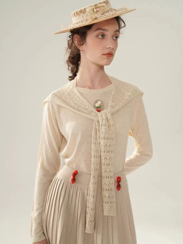 

104cmBust FallWinter Wool Cashmere Sweaters Women Elegant Handmade Embroidery Sailor Collar Crochet Shawl Wool Thin Base Sweater