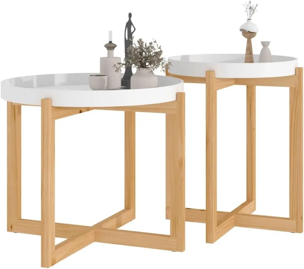 Dim Sum Table Sofa Side Table Wine Table Cocktail Table Coffee Tables 2 Pcs White Engineered Wood And Solid Wood Pine Suitable