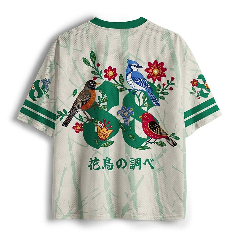 Mesh Jersey Retro Folk Floral Print V-neck Short Sleeved T-shirt Blue Jay Robin Red Bird Plant Flower Adult Children