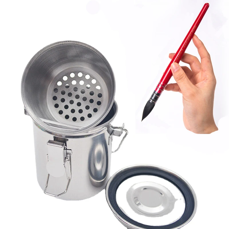 Oil Painting Brush Double-layer Washing Pen Bucket Portable Stainless Steel Seal Brush Cleaning Bucket School Art Supplies