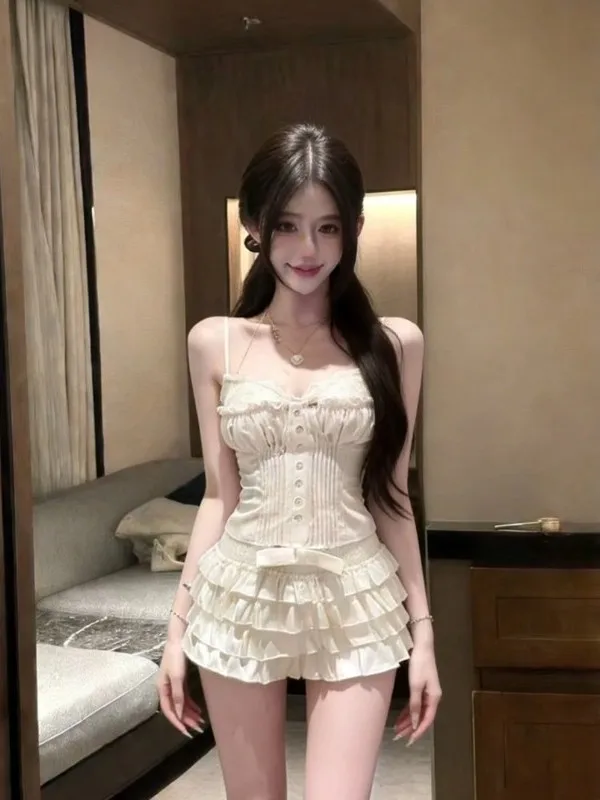 

Sweet Girl Sle Lace Splice Strap Vest And Cake Skirt Two Piece Set Women's Faion Spring Collection High Waist V-Ne or...