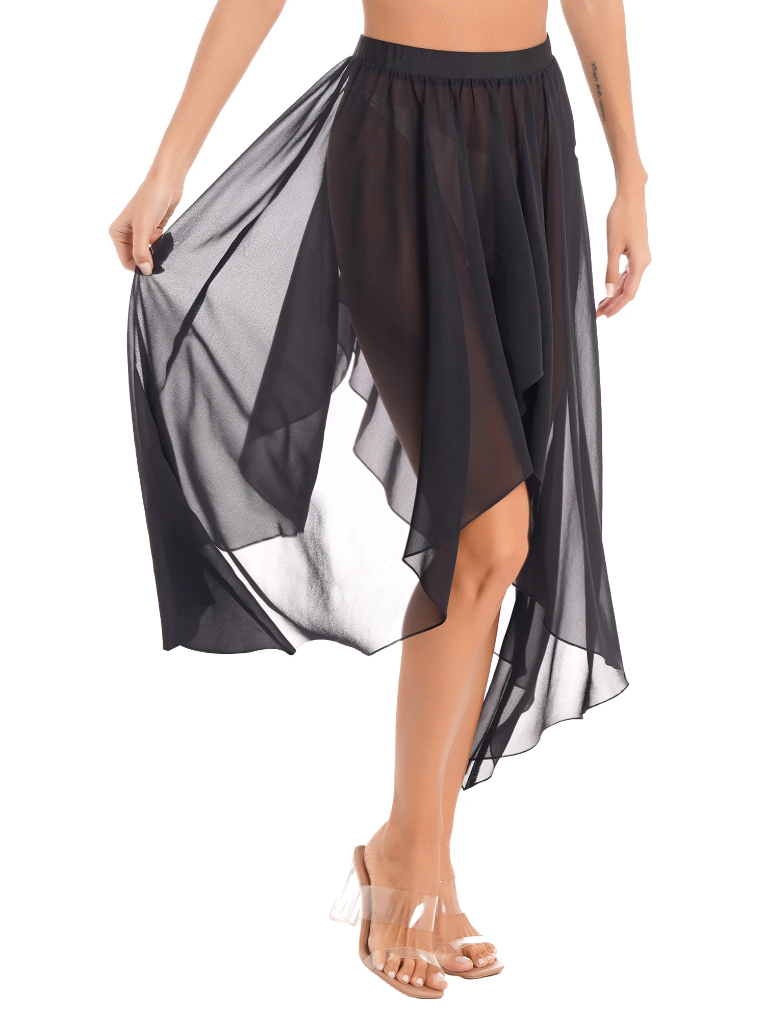 Women's Belly Dance Chiffon Skirt Semi See Through Asymmetrical Hem Skirts Solid Color Elastic Waistband Short Dress Dancewear