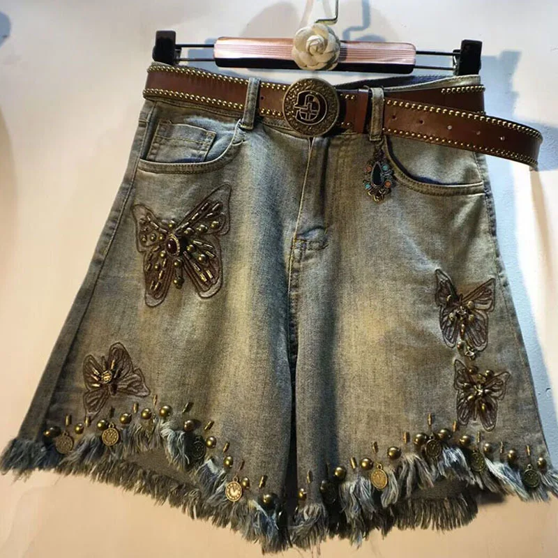 

Women's Denim Shorts Solid Color Loose Straight Wide Leg Rivet Vintage Belt Short Jeans 2023 Summer New Fashion