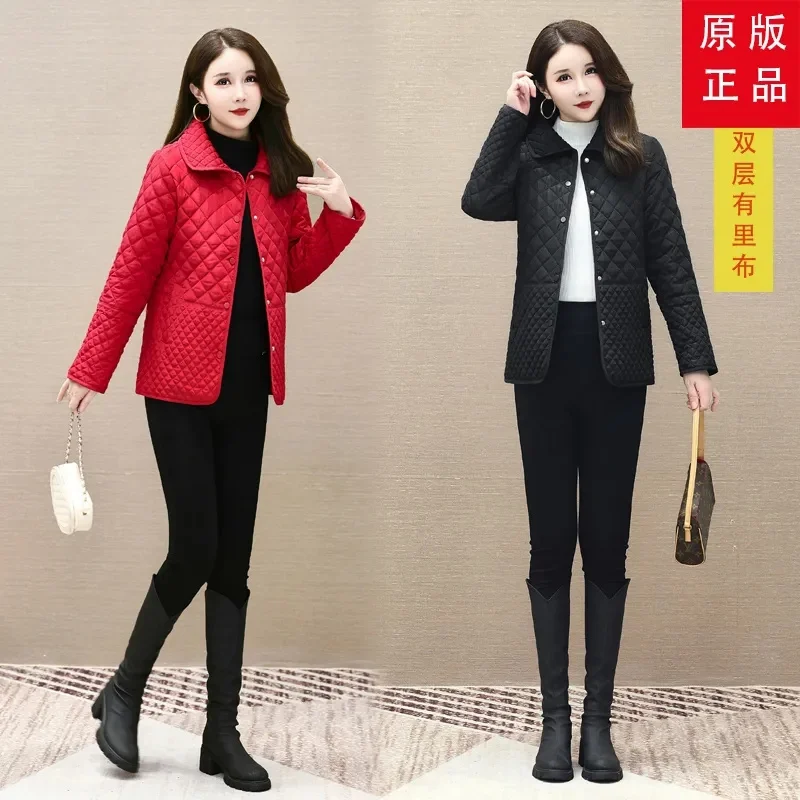 2023 New Women Small Diamond Checker Lightweight Warm Cotton Coat Winter Mother\'s Wear Loose Lightweight Short Cotton Coat Top