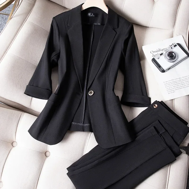 Casual Small Suit Jacket Women's Ninth Pants 2025 Summer Thin Korean Version Fashion Slim Cropped Sleeve Office Wear Women