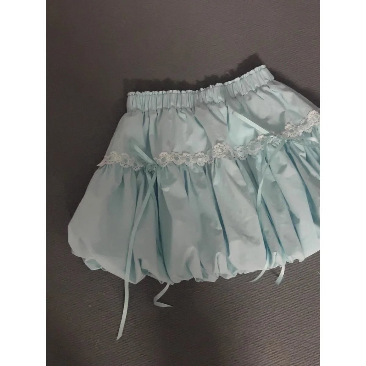 Women's Light Blue Puffy Mini Skirt Elastic Waist Lace Trim Bow Tie Sweet Lolita A-line All-Season Casual Fashion Skirt