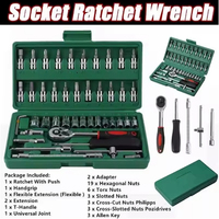 46pcs Car Repair Tool Kit 1/4-Inch Hand Tool Socket Set Mechanic Tool Ratchet Torque Wrench Combo Auto Metric Drive tool set