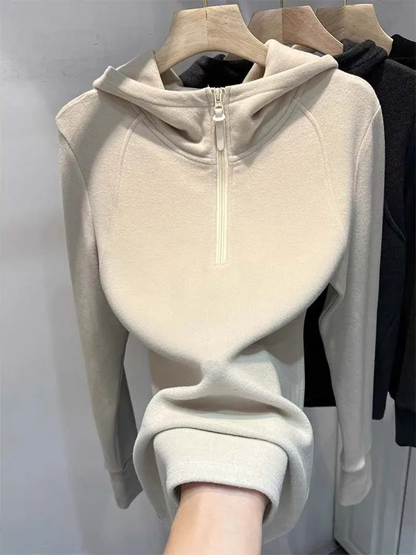Autumn Winter Double-sided Fleece Half Zipper Hoodie T-shirt Women's Fashionable Base Layer Shirt Straight Cut Long Sleeve