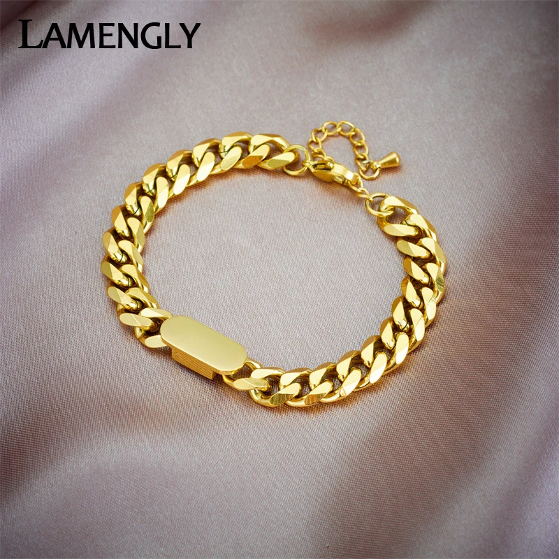 LAMENGLY 316L Stainless Steel Gold Color Geometric Thick Link Chain Bracelet For Women Men New No-fading Hip Hop Jewelry Gifts