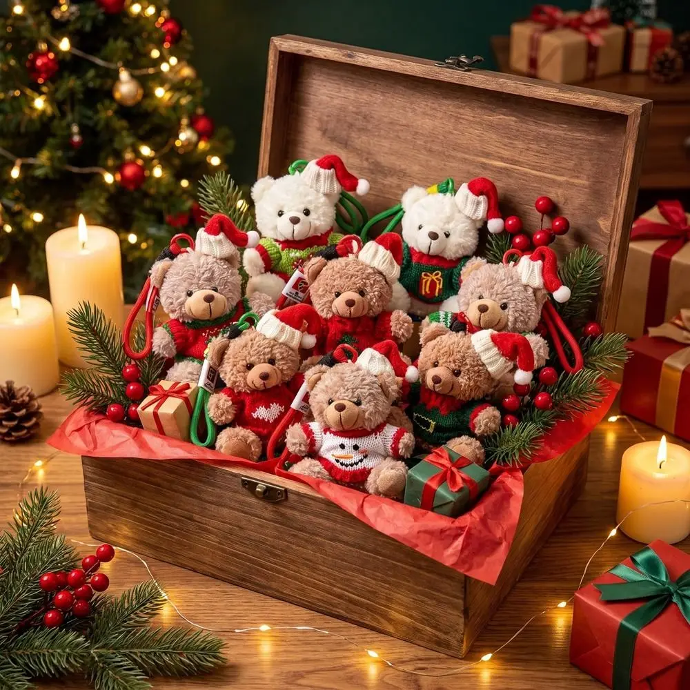 Soft Christmas Bear Pendant Christmas Hat Bear Red Christmas Doll Keychain Stuffed Animal Cartoon Plush Santa Keychain Xmas Gift