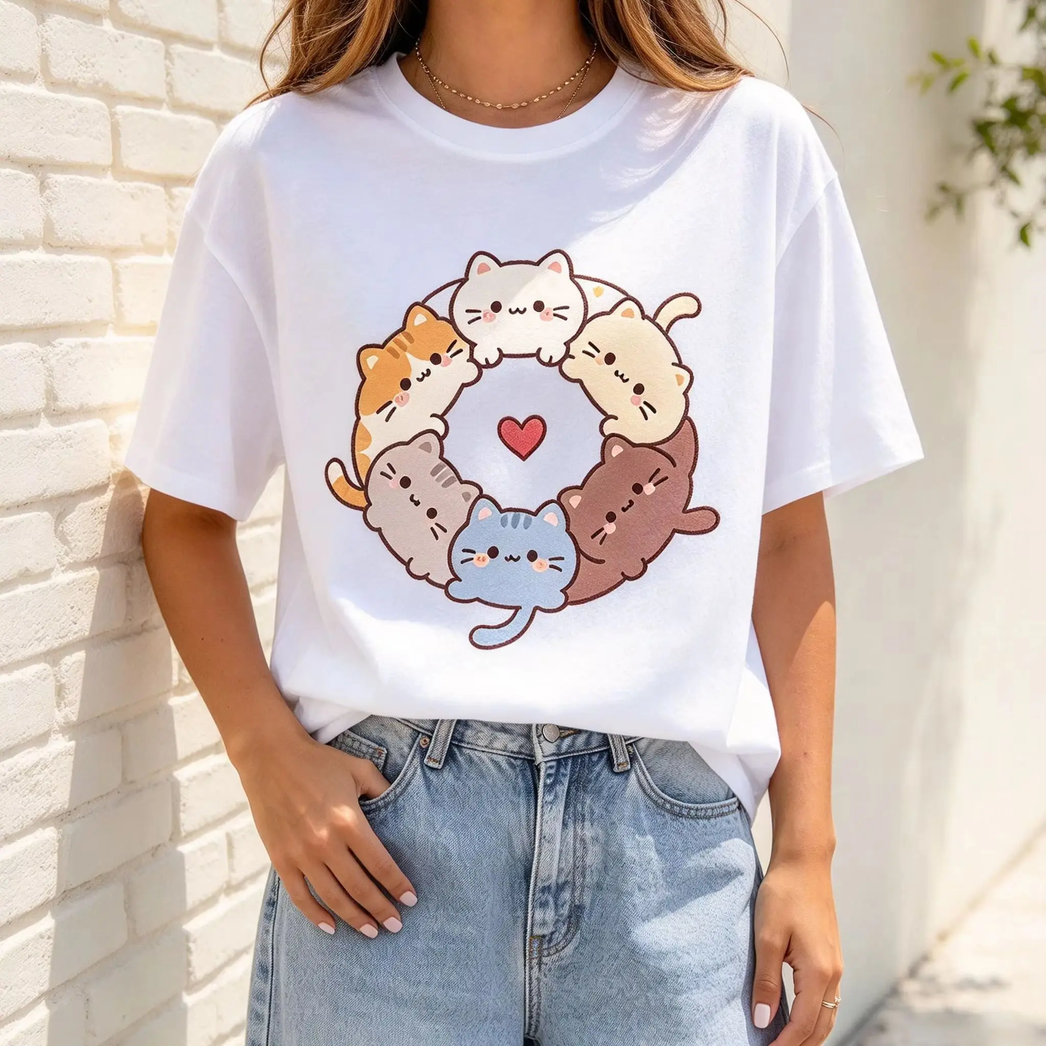 Cute Circle Kittens Heart Graphic T Shirt Women Kawaii Cartoon Cat Lover Casual Short Sleeve Ladies Tops