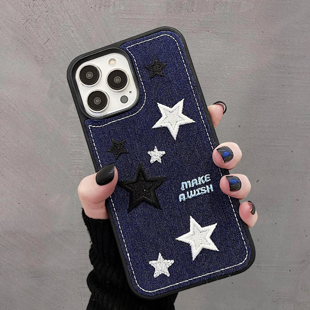 Cute Denim Fabric Embroidery Flower Winter Warm Phone Case For iPhone 15 14 13 12 11 Pro Max XS XR X Silicone Cover Protector