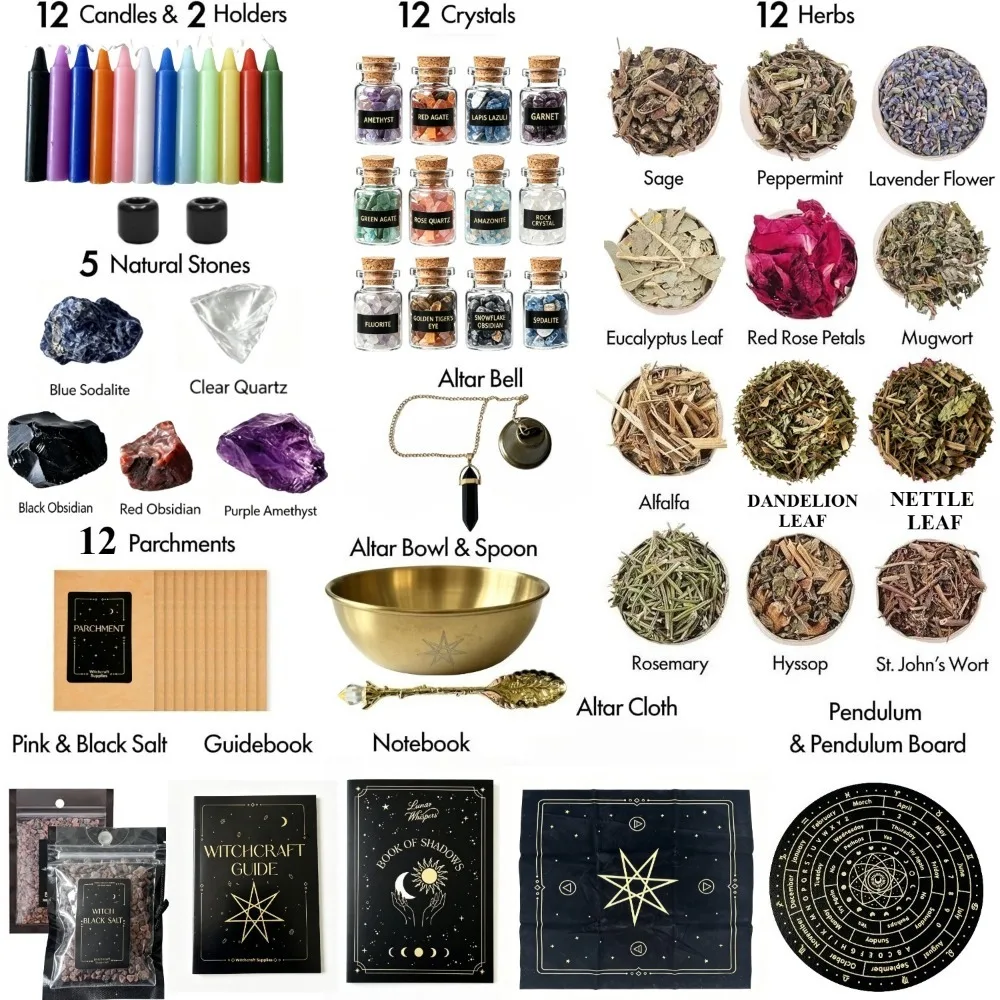 Witchcraft Kit Altar Spell Set Witchy Gifts Wiccan Supplies Spell Candles Dried Herbs Crystals Stones Altar Cloth Pendulum Bowl