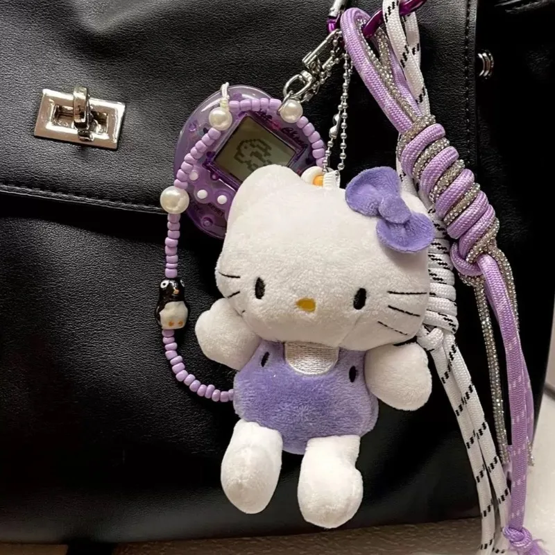 Kawaii Hello Kitty Plush จี้กระเป๋าพวงกุญแจอุปกรณ์เสริมสีม่วง Kt Plushie Key Chain ตุ๊กตาน่ารัก Key Ring โทรศัพท์มือถือของขวัญวันเกิด