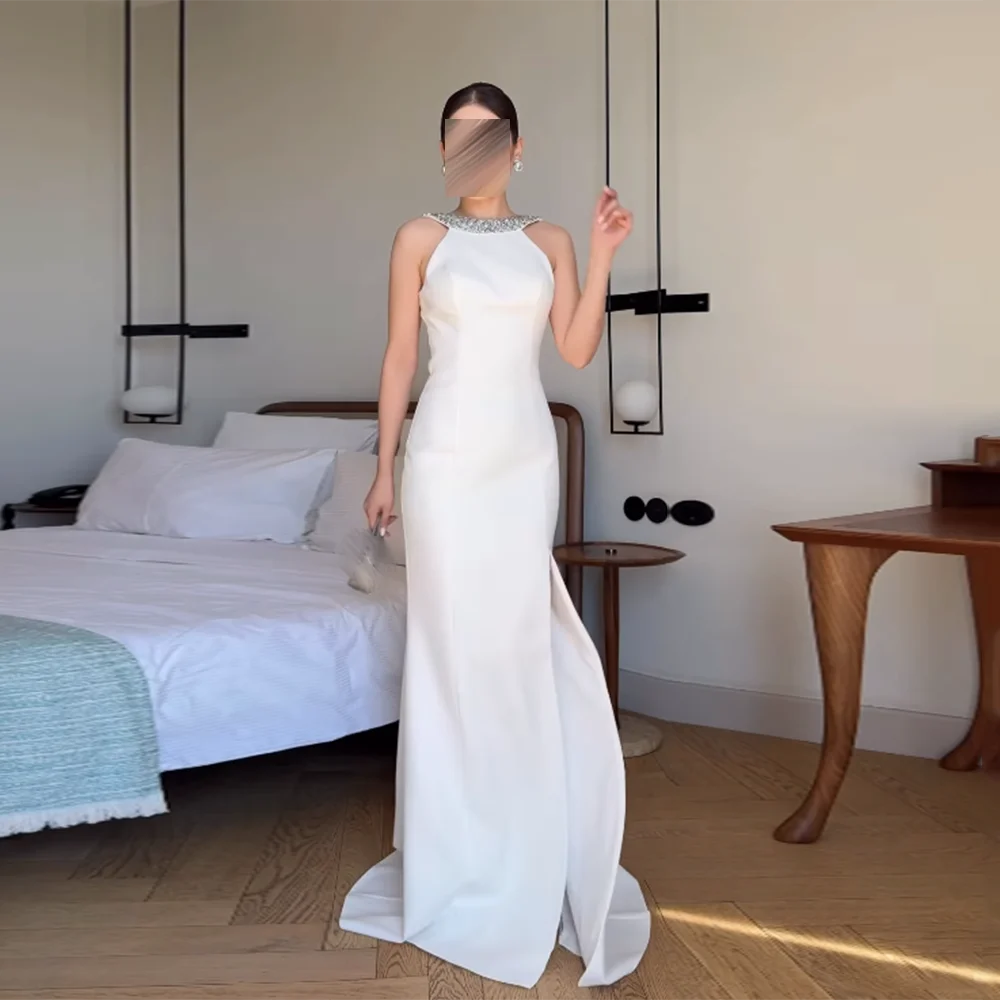 

Customized O-Neck Evening Dresses Backless Sleeveless Side High Slit Sequined Beading mermaid Prom Gown Long Wedding Party Dress