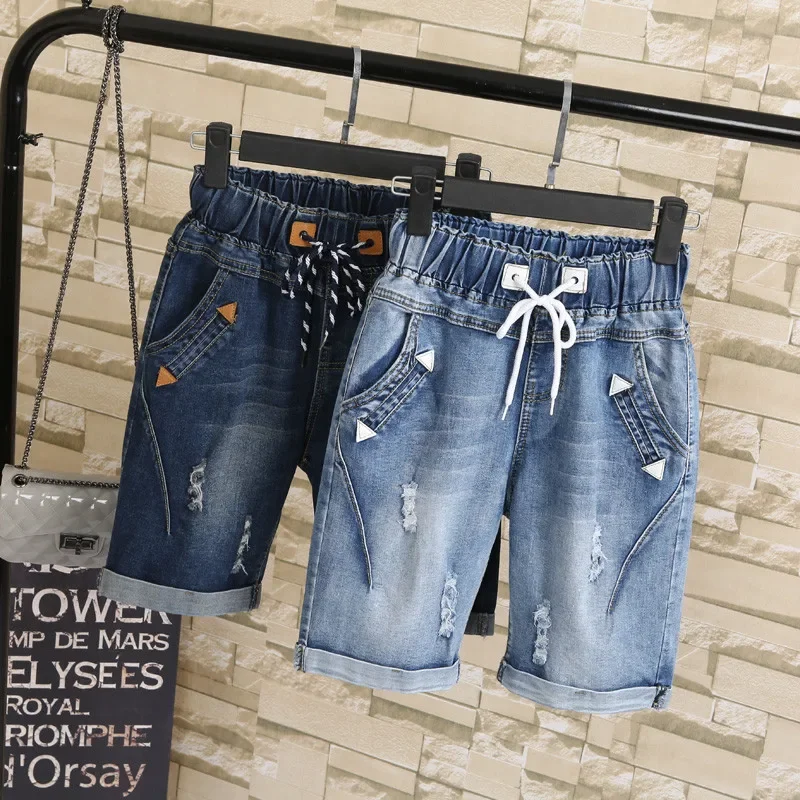 2022 Plus Size Summer Ripped Denim Jeans Short Women Casual Lace Up Capris Ladies Wide Leg Harem Pants 4XL 5XL C3200