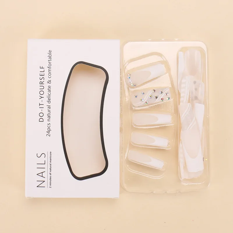 24pcs Colorful Diamond Glitter Removable Fake Nails Acyrlic Press on Nail Extra Long False Nails Square Girl White Stick-on Nail