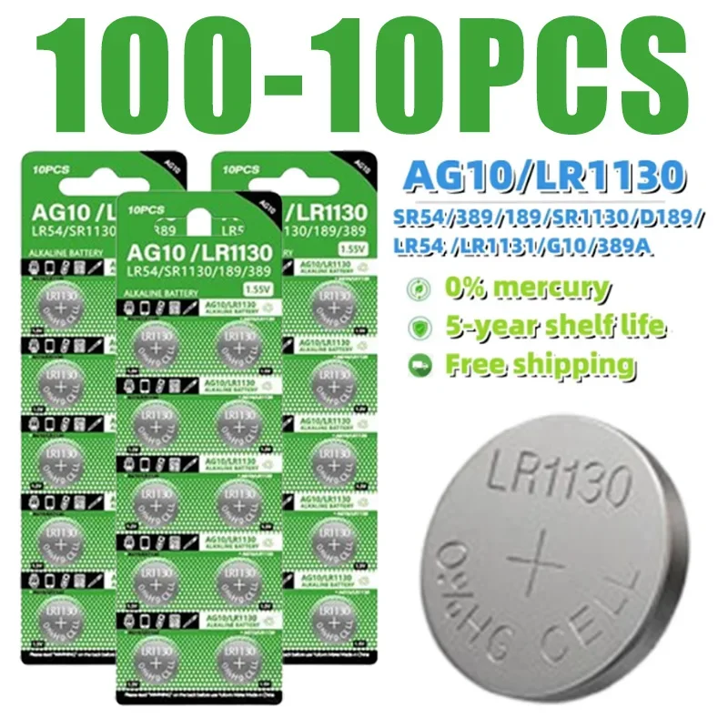 50~10PCS AG10 LR1130 SR54 389 189 SR1130 D189 LR54 Button Batteries G10A SR1130SW Cell Coin Watch Toys Remote Battery1.55V