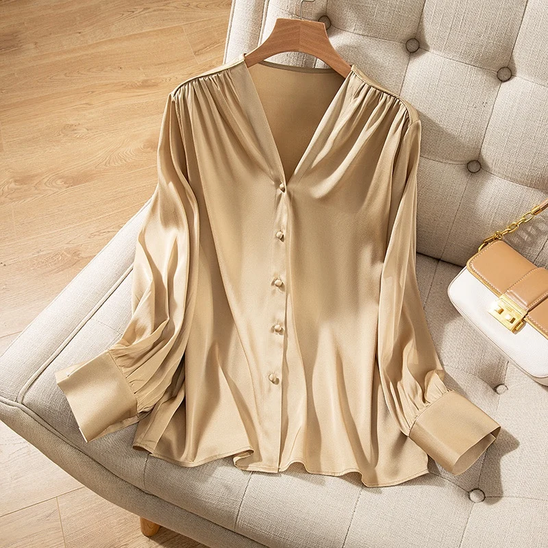 

Women's 93% Mulberry Silk 7% Spandex Long Sleeve Shirt Camel Color V Neck Buttons Down Long Sleeve Top Blouse QQ047