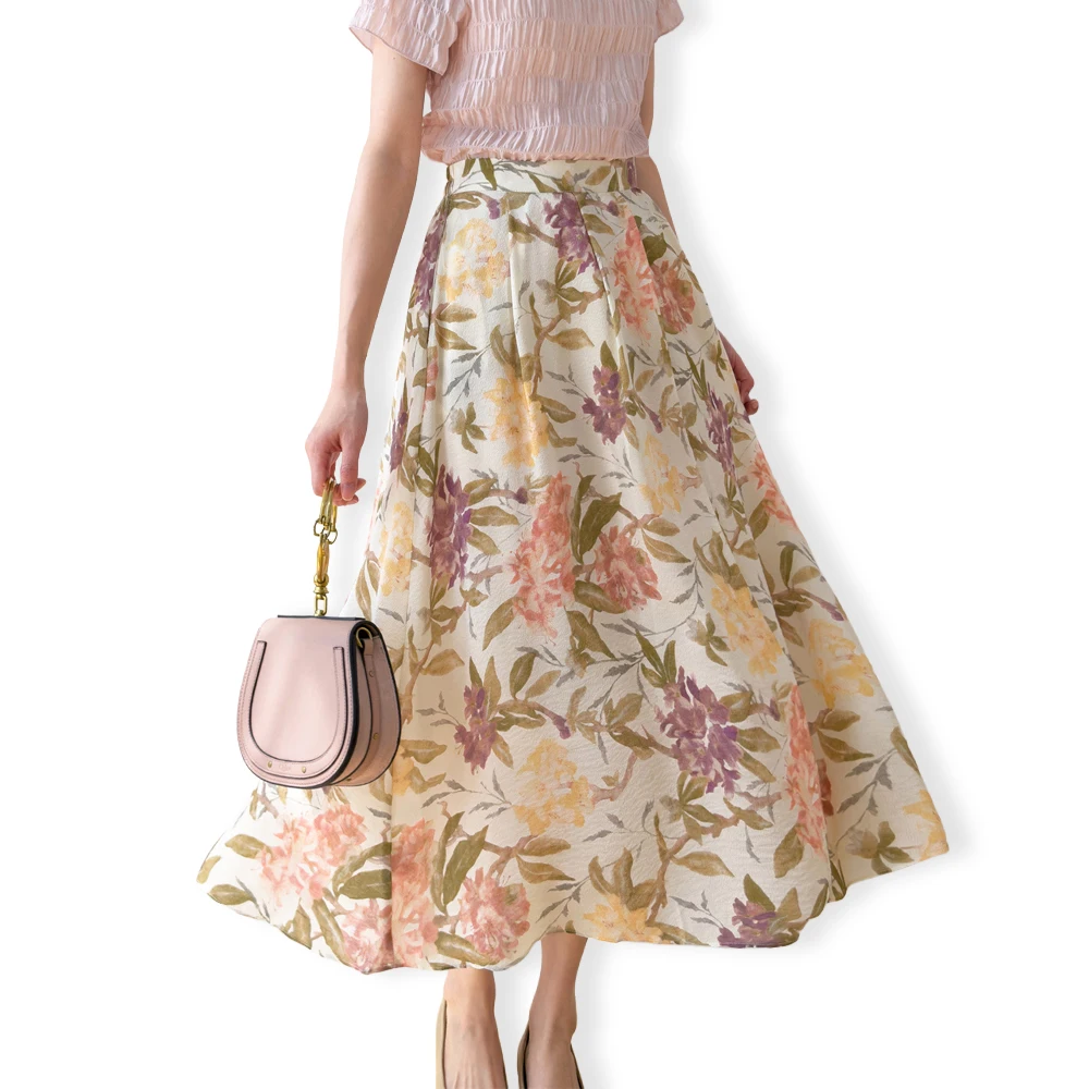 Romantic French Floral Print 100% Natural Mulberry Silk Bubble Wrinkled Elastic Waist Women's Casual Elegant Large Swing Skirt