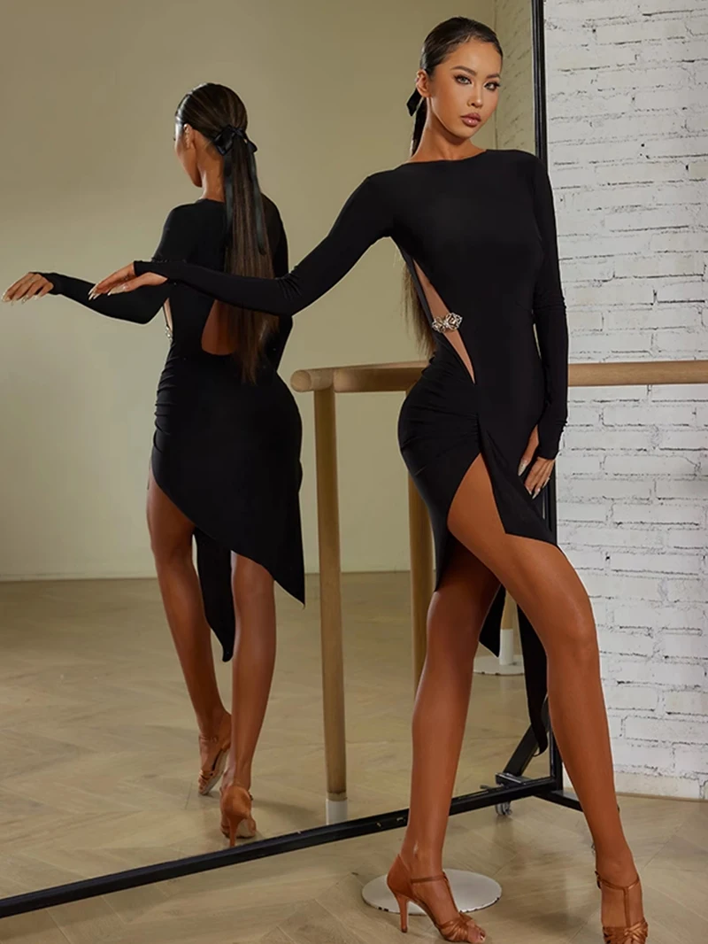 ชุดเดรสผ่าหลังแบบเปิดหลัง ดีไซน์หรูหราและสง่างาม สำหรับผู้หญิง ชุดฝึกซ้อมเต้นละติน ชุดเต้นบอลรูมสำหรับผู้ใหญ่ พร้อมชุดชั้นในในตัว