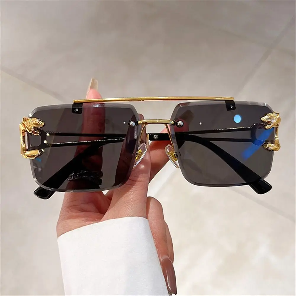 Trendy Double Bridge Rimless Sunglasses Metal UV400 Cheetah Decor Sun Glasses Gradient Eyewear for Women & Men