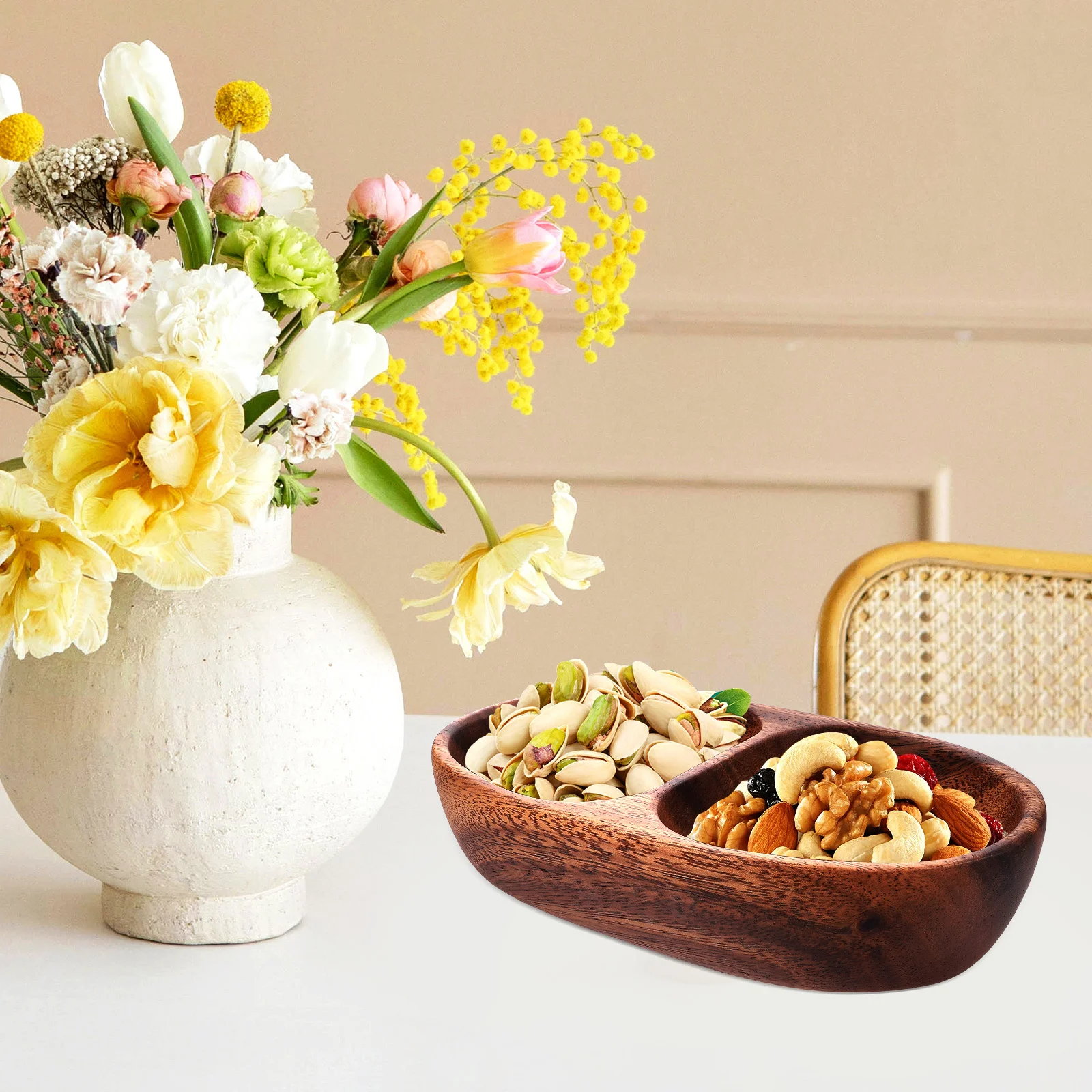 

Compartment Divided Wood Plate Classic Color Snack Plate Kitchen Salad Bowl for Home Gathering Serving Fruit Tray