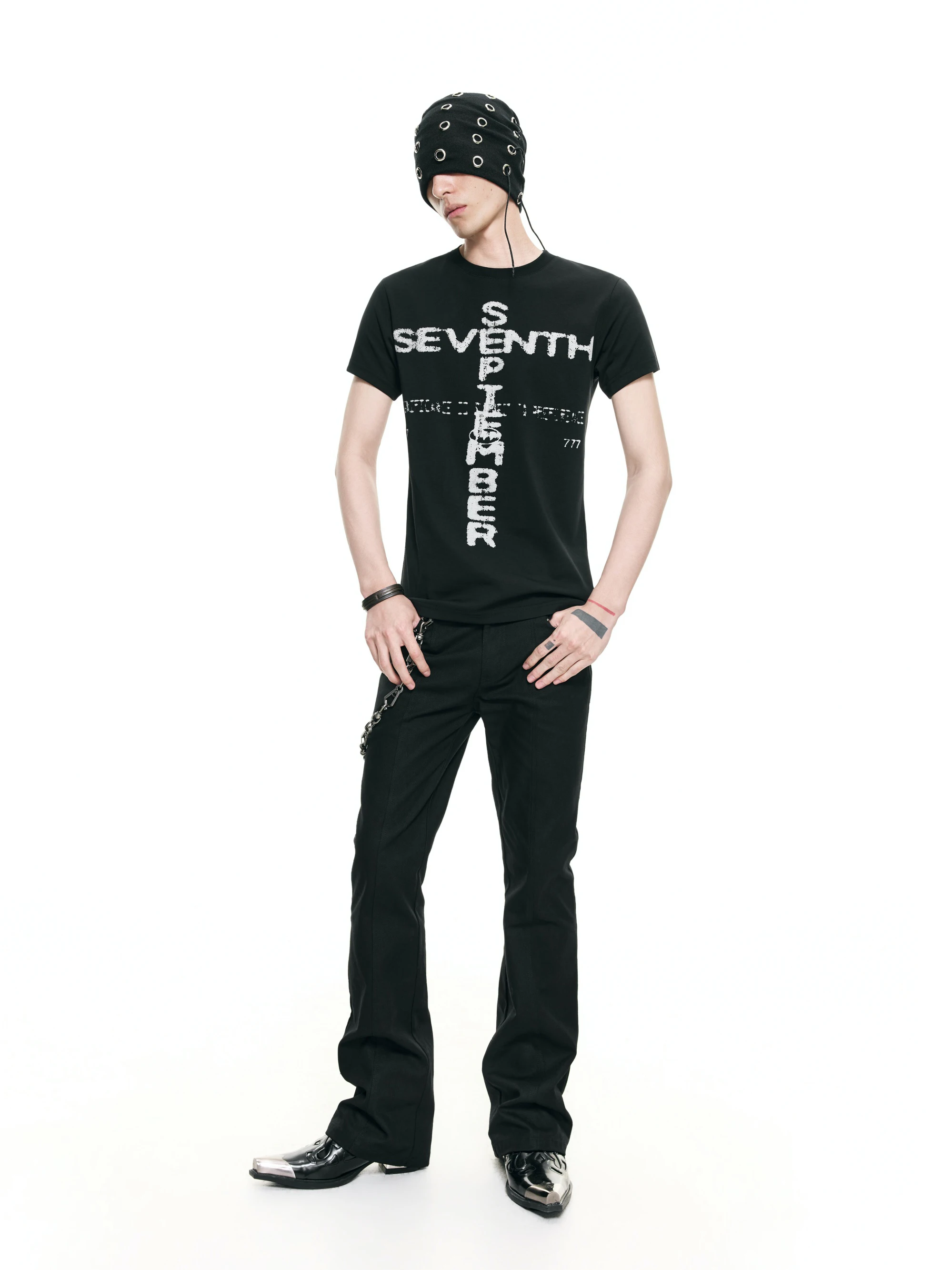 

FRKM SCD 26 FS Punk Style Cross Letter Print Short Sleeve T-Shirt Slim Fit Summer Top Breathable Cotton Polyester Blend