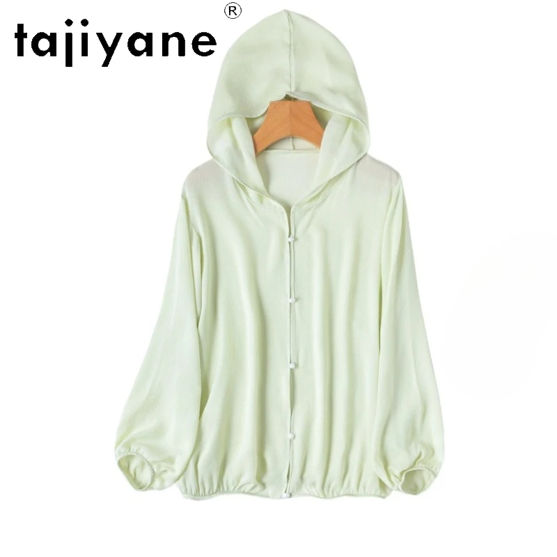 

TAJIYANE 100% Натуральная шелковая блузка из тутового шелкопряда, элегантная светло-зеленая рубашка с капюшоном, весенний топ, шелковый кардиган, женская одежда 2026 Camisas