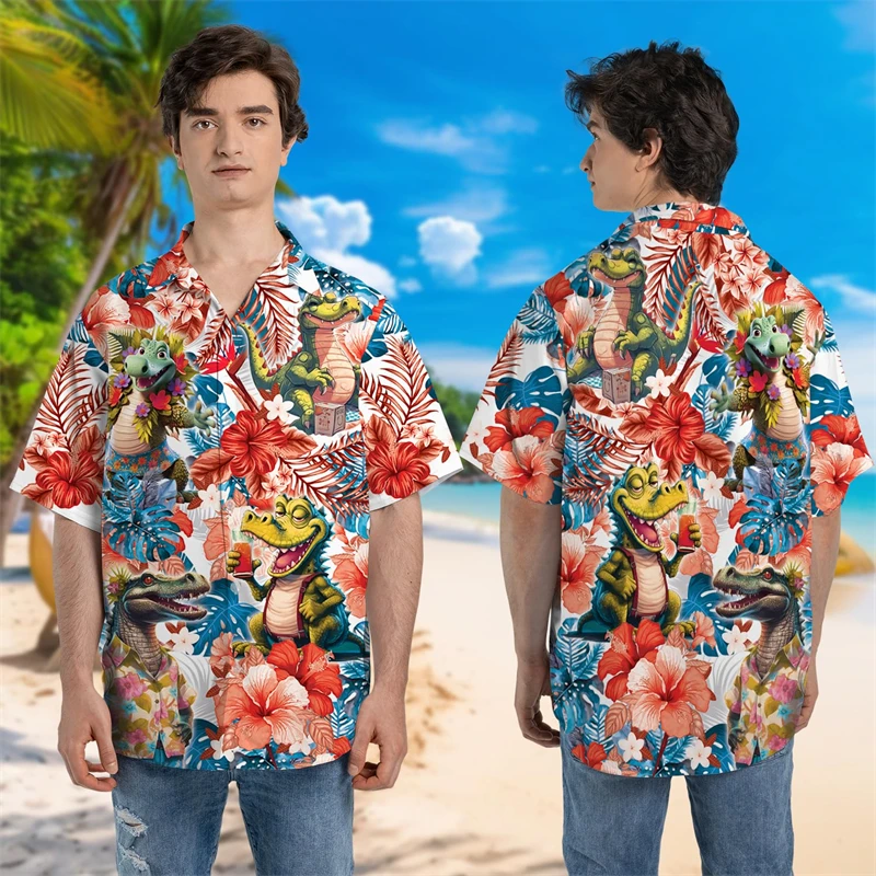 Harajuku Mode Krokodil Grafisch Strandshirt Hawaiiaanse Dierenoverhemden Voor Mannen Cartoon Alligator Liefhebbers Knoop Tops Y 2K Blouses