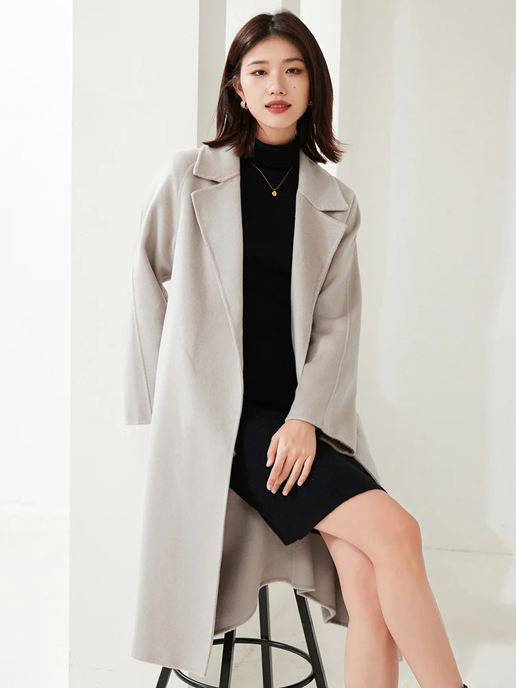 New Buckle-Free Long Women\'s Coat 10% Cashmere Double-Sided Woolen Coat Belt Waist-Tied 90% Wool Top Fall Winter Fashion