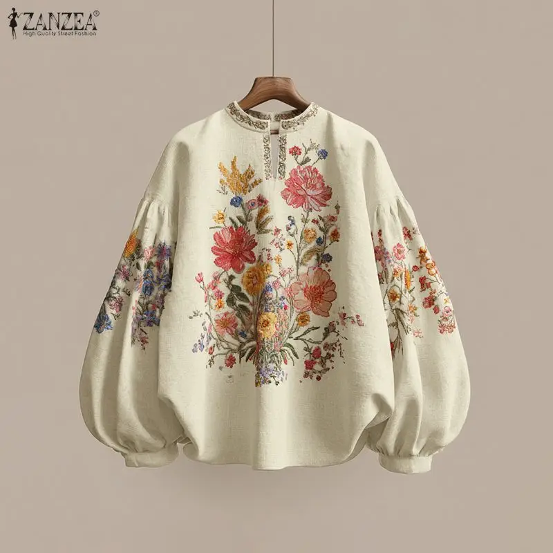 

ZANZEA Women Blouse Vintage Print Tunic Tops Autumn Long Lantern Sleeve Floral Print Shirts Fashion V-Neck Casual Blusas Female