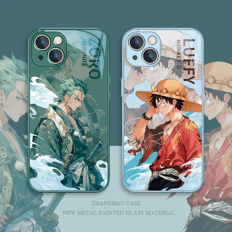 Anime Luffy Zoro Phone Case for Iphone 18 17 16 15 14 Pro Max Cute Glass Cover 5 Angle Adjustable Stand Protective Back Case