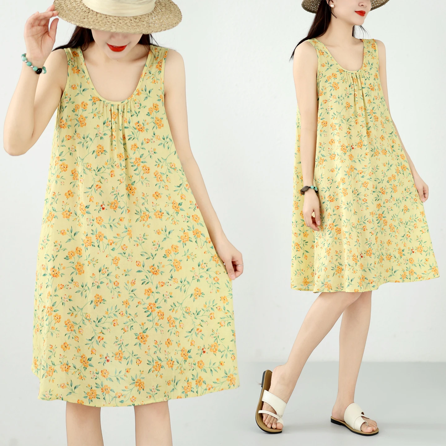 

Summer Artistic Large Size Women's Cotton Linen Sleeveless round Neck Print Dress Loose A-Line Skirt Citywalk Suitable Dress