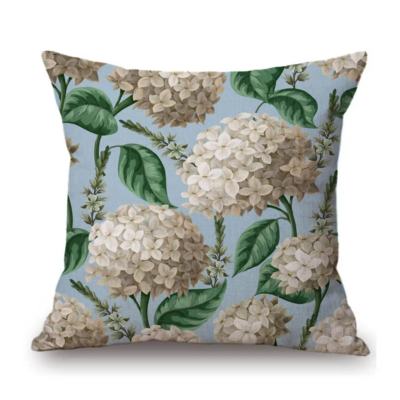 Spring Flower Hydrangeas Botanical Pattern Design Painting Home Decor Cotton Linen Sofa Throw Pillow Case Bench Cushion Cover
