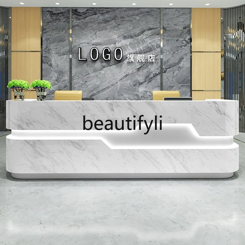 

Company Front Desk Lacquered Imitation Marble Cashier Hotel Reception Desk Custom Beauty Salon Cashier Desk