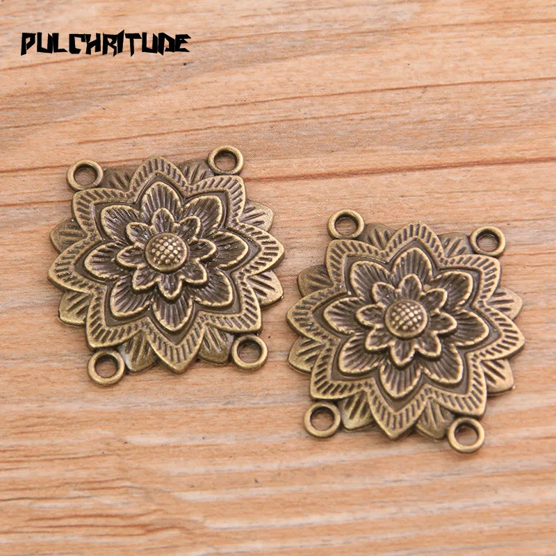 PULCHRITUDE 8pcs 27*28mm Retro Two Color Zinc Alloy Flower Pendants Connectors Linker For DIY Charm Jewelry Accessorie