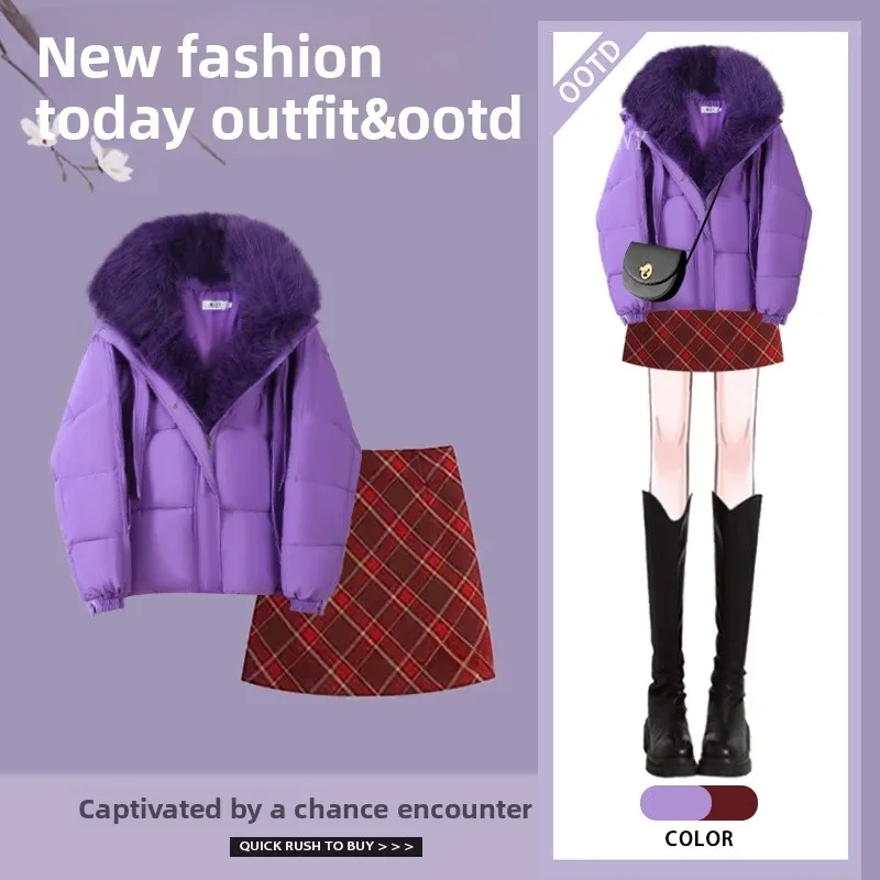 

Winter Faion Cotton Jaet Sweater Waist-Cinching Slimming ort Skirt Two-Piece Set High-End Feel Fur Collar Outerwear