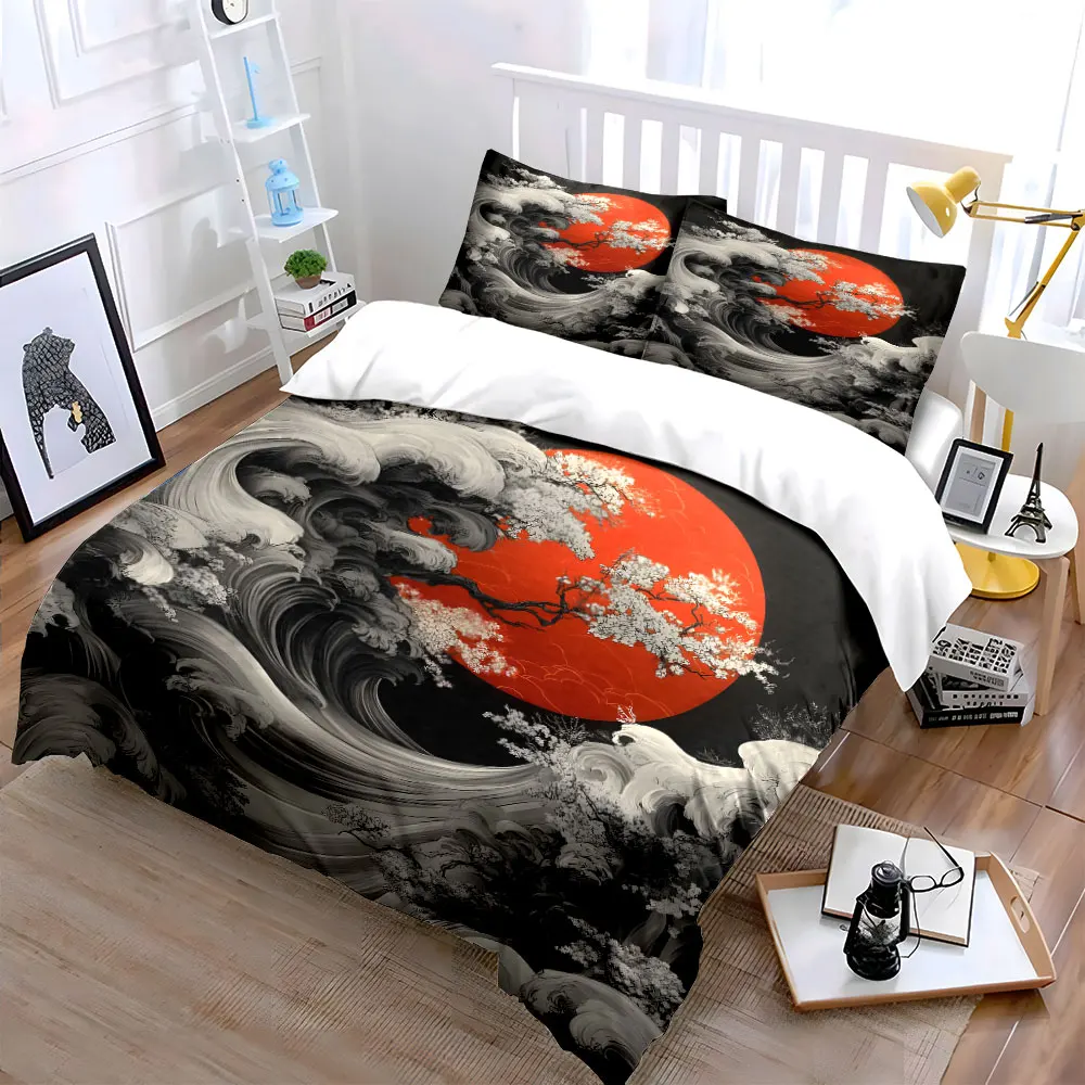 Japanese Ukiyo-e Waves and Pine Shadows Printed Duvet Cover Set1 Duvet Cover+2 PillowcaseMulti Size Bedroom Bedding Decor
