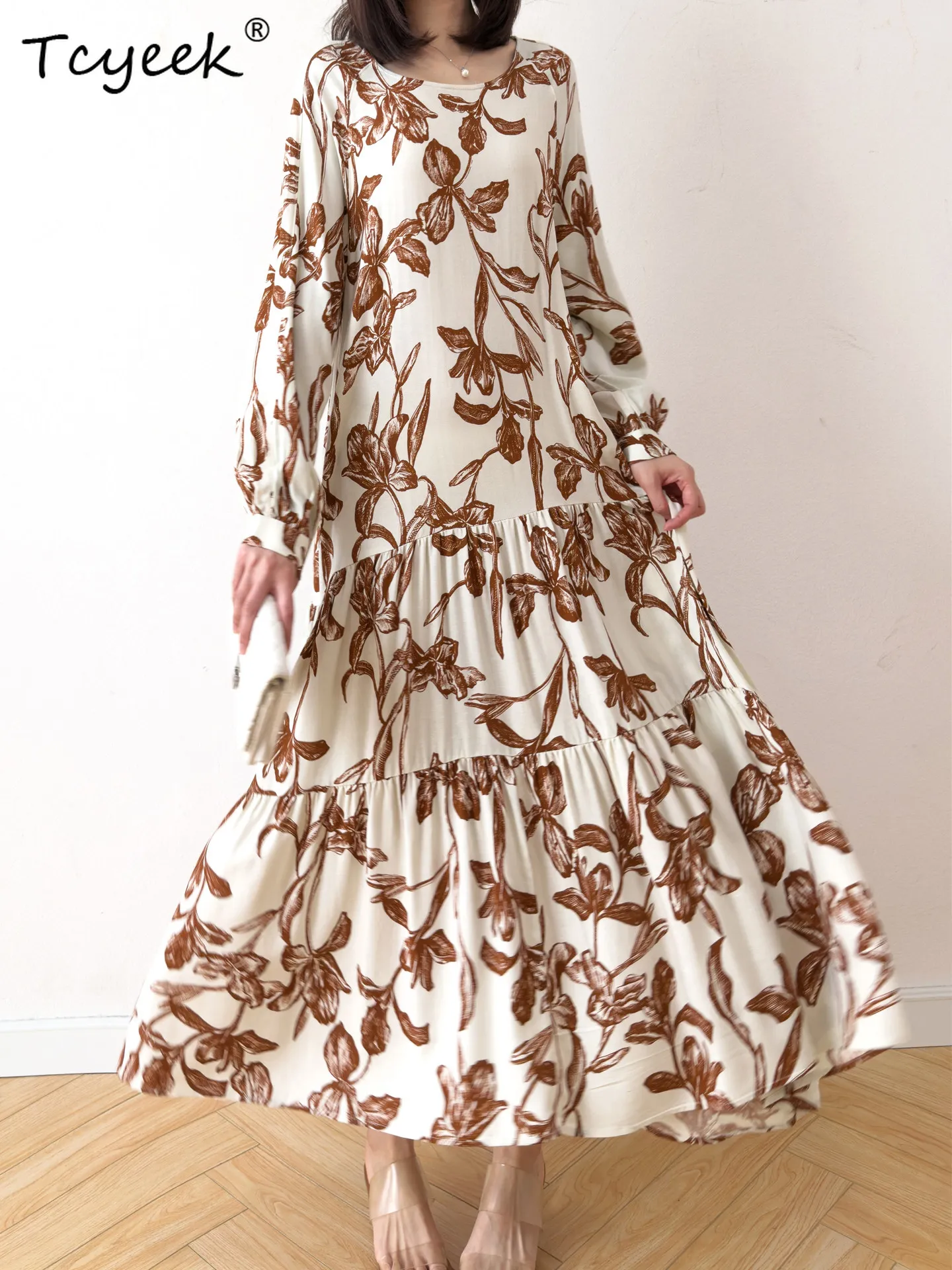 Tcyeek 50% Mulberry Silk 50% Cotton Maxi Dress for Women 2026 Elegant Womens Dresses Fashion Summer Clothes Vestidos De Mujer