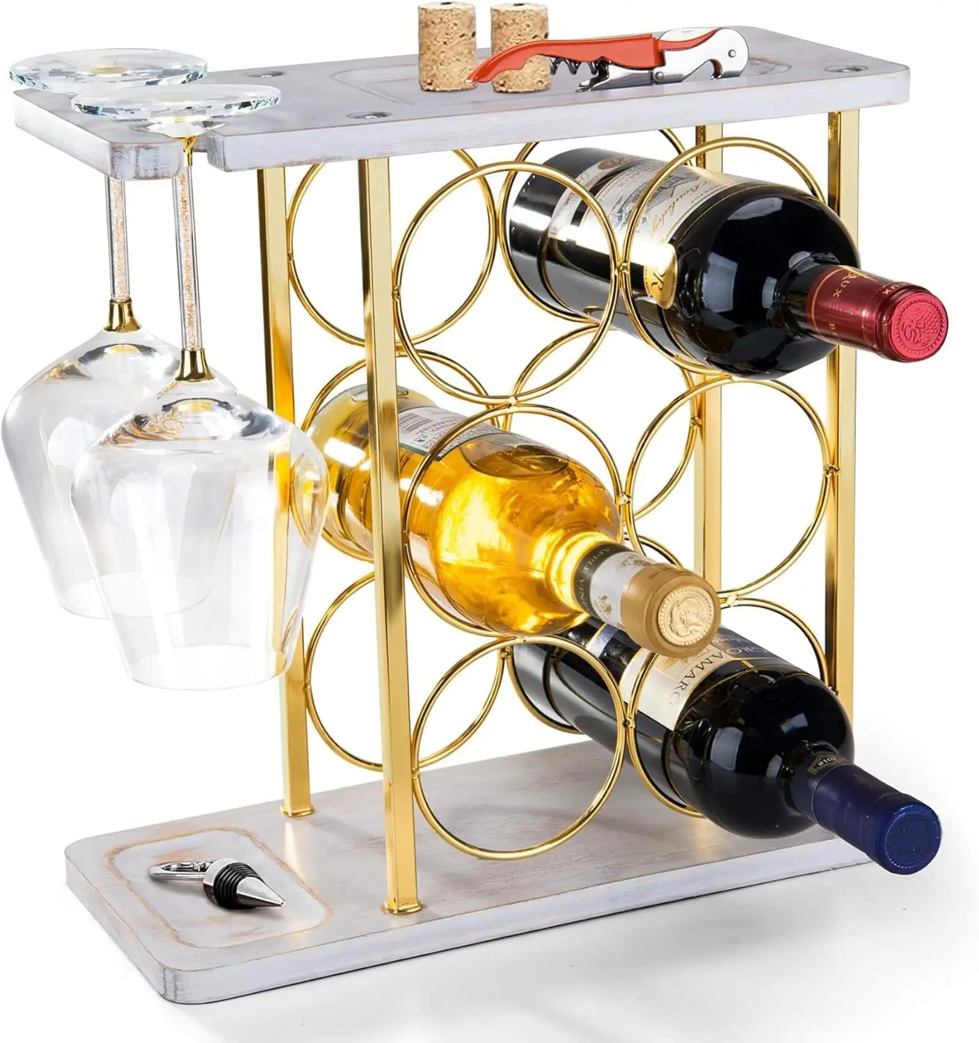 

Gold & White Wooden Wine Rack for 6 Bottles with Glass Holder and Storage Trays - Home Bar Decor