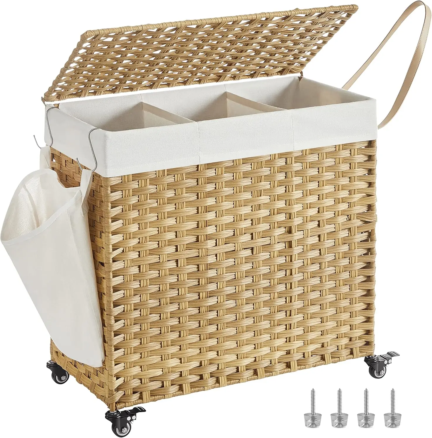 Laundry Hamper with Lid, 37 Gallons (140 L), Rolling Laundry Basket with Wheels, 3-Section Synthetic Rattan, Removable Liner