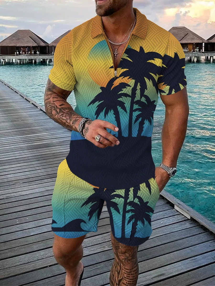 Hawaii 2pcs sets 3D Coconut tree print Zipper Polo Shirt Short Sleeve Shirt+Shorts Casual Fashion Zip-Up Unisex 2PCS Sweatshirt