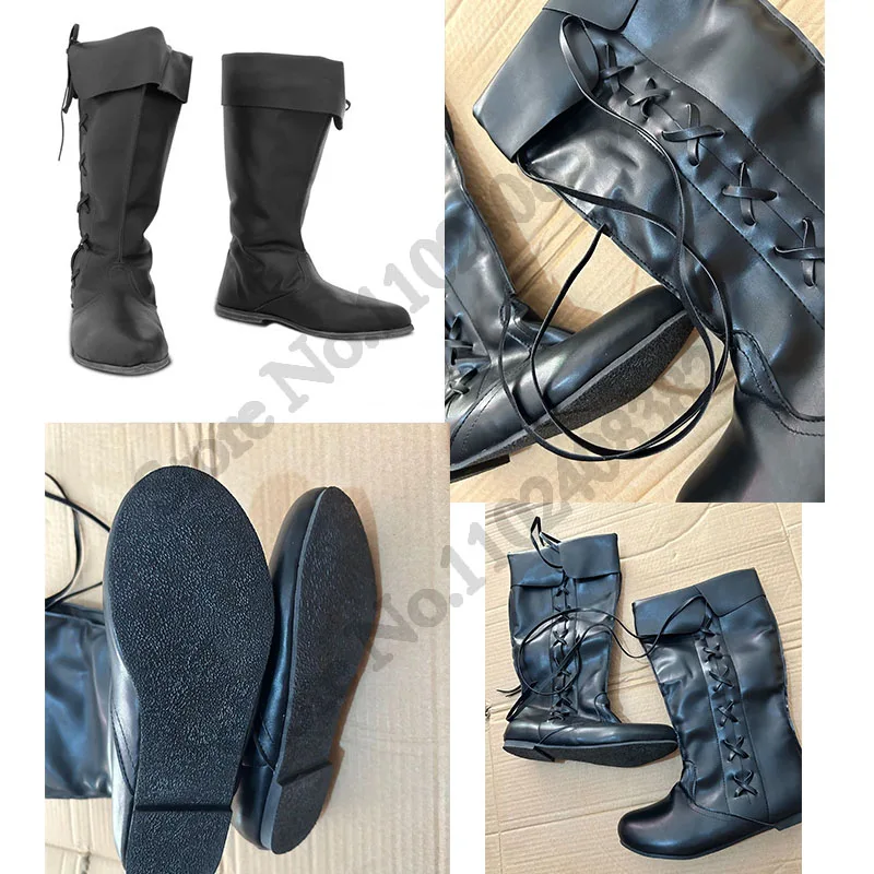 Plus Size Medieval Leather Men Women Boots Halloween Carnival Knight Pirate Cosplay Prince Black Brown Boots Gothic Punk Shoes